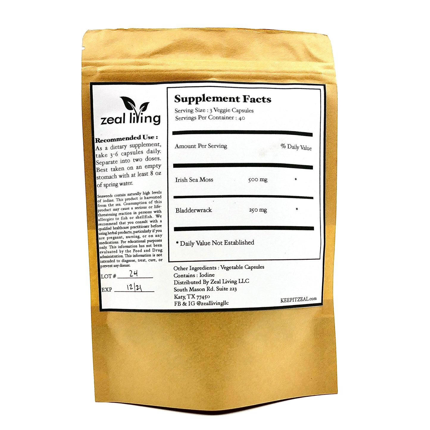 Image of our Irish Sea moss capsules, a natural supplement known for its many health benefits.