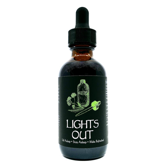 An image of our Light Out Sleep Support tincture, featuring natural organic ingredients.