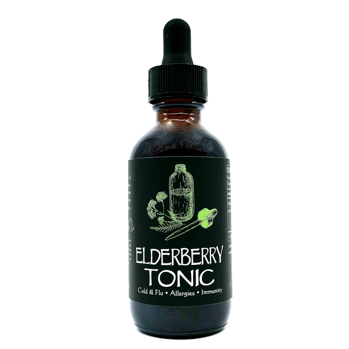 Image of our Elderberry & Elderflower tincture, known for its immune boosting benefits.