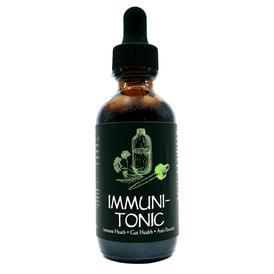 Image of our immune support tincture bottle with natural herbs and ingredients. Great for gut health and immune support.