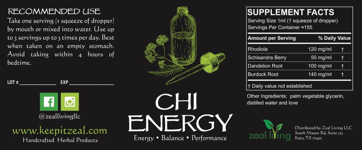 Image of our Chi Energy label, listing its ingredients and supplement facts.